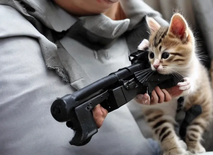 Prompt: a cute kitten handling a heavy machine gun