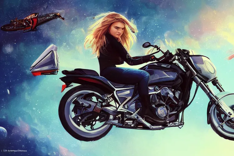 Image similar to chloe grace moretz is riding a motorbike, digital painting, artstation, the space background, concept art, illustration,