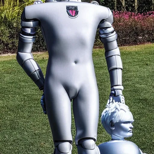 Image similar to a realistic detailed photo of a guy who is an attractive humanoid who is half robot and half humanoid, who is a male android, soccer player martin ødegaard, shiny skin, posing like a statue, blank stare, by the pool, on display, showing off his muscles, humanoid robot, frozen ice statue