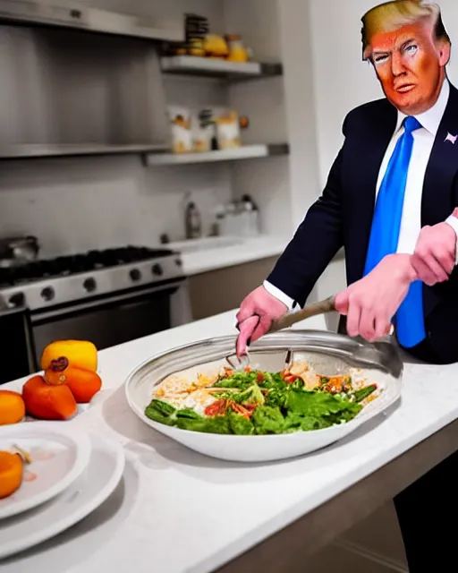 Image similar to wide shot photoshoot of donald trump preparing a meal, 8 k, photorealistic