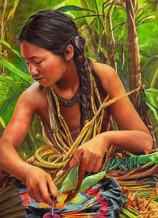 Image similar to a beautiful painting of a young indigenous female crafting a fabric in the jungle, realistic face, ayahuasca, fantasy art style, matte painting, highly detailed