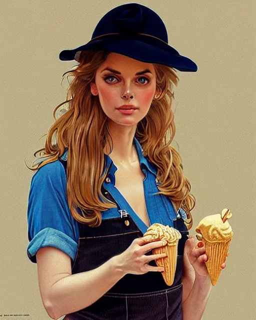 Image similar to portrait of a blonde fuller figured barbara bach from the bond film wearing dungarees and eating ice creams in porto, real life skin, intricate, elegant, highly detailed, artstation, concept art, smooth, sharp focus, art by artgerm and greg rutkowski and alphonse mucha