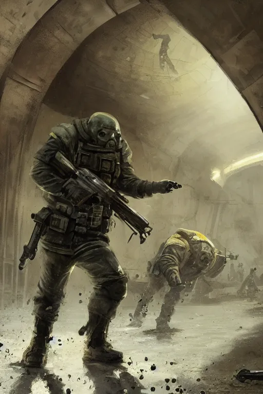 Image similar to Soviet heavy armed liquidator fights against mutant in industrial tunnels by jakub Różalski