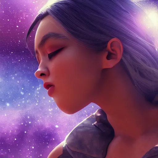 Image similar to beautiful girl galaxy background character concept style trending on artstation concept art detailed octane render cinematic photo-realistic 8k high detailed