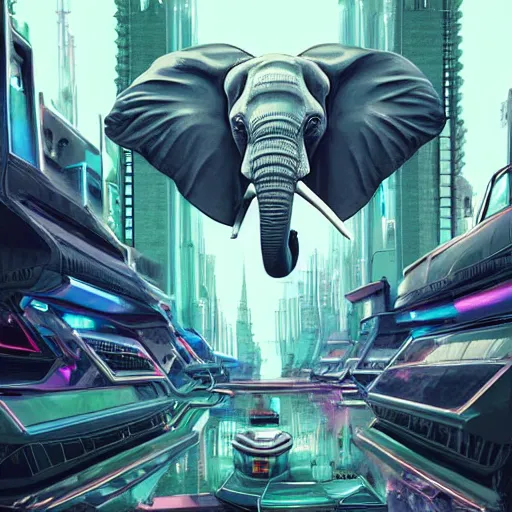 Image similar to elephant in futuristic cyberpunk city, flying cars on background, acrilic paint, digital, artstation, detailed intricate ink illustration, heavenly atmosphere, digital art, overdetailed art, concept art, complementing colors, trending on artstation, cgstudio, the most beautiful image ever created, dramatic, subtle, details, award winning artwork, beautiful scenery