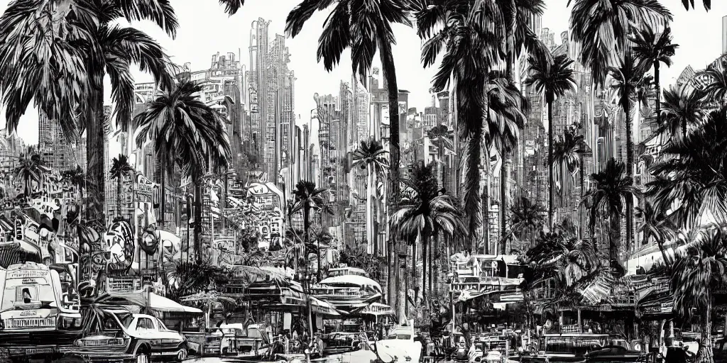 Prompt: cinematic high contrast graphic illustration of hyper detailed highway realistic streetwalkng in an afro futurist city blocks palm trees, by frank lloyd wright architect, bill sienkiewicz, wide angle, insanely detailed and intricate