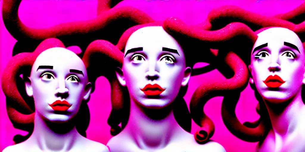 Image similar to modern sculpture, young woman as medusa as miranda sings, multiple poses, vaporwave, low resolution video from 2 0 0 3