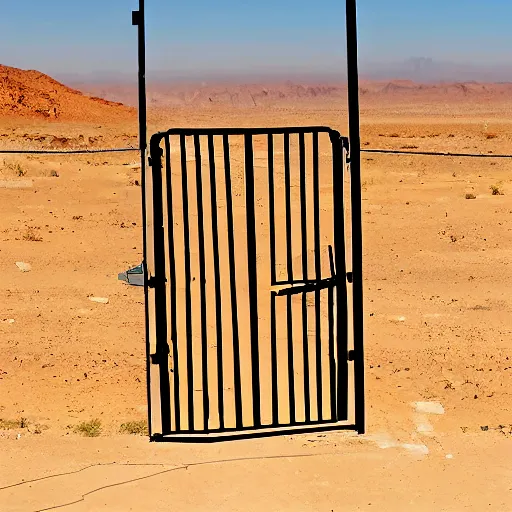 Image similar to a giant closed metal gate inside a secret laboratory in the desert