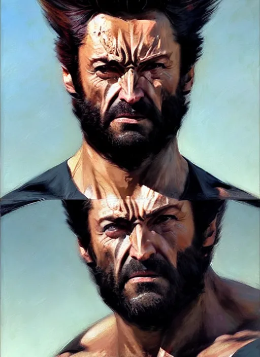 Image similar to portrait of wolverine, forest, calm, fantasy character portrait, dynamic pose, above view, sunny day, thunder clouds in the sky, artwork by Jeremy Lipkin and Giuseppe Dangelico Pino and Michael Garmash and Rob Rey, very coherent symmetrical artwork, sharp edges, perfect face, simple form, 100mm