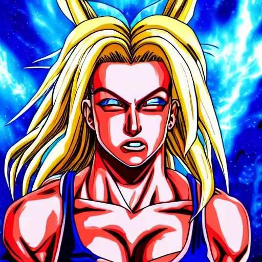 Image similar to ultra realistic portrait painting of britney spears as super saiyan, art by akira toriyama, 4 k, dragon ball artstyle, cel shaded, highly detailed, epic lighting