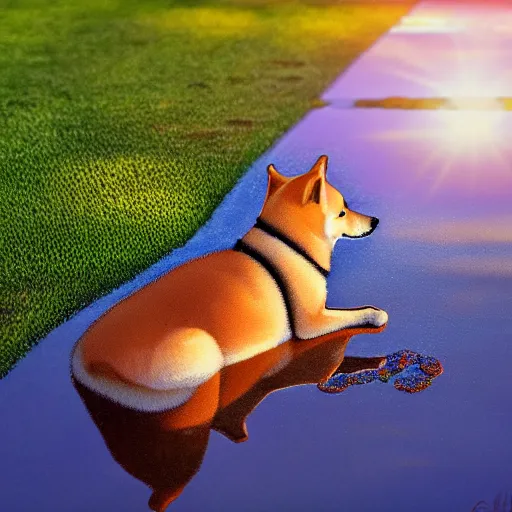 Image similar to shiba inu in a puddle on a hot summer day with the sun in the sky above them, realism, highly detailed, back lit, god rays, bloom, 4k