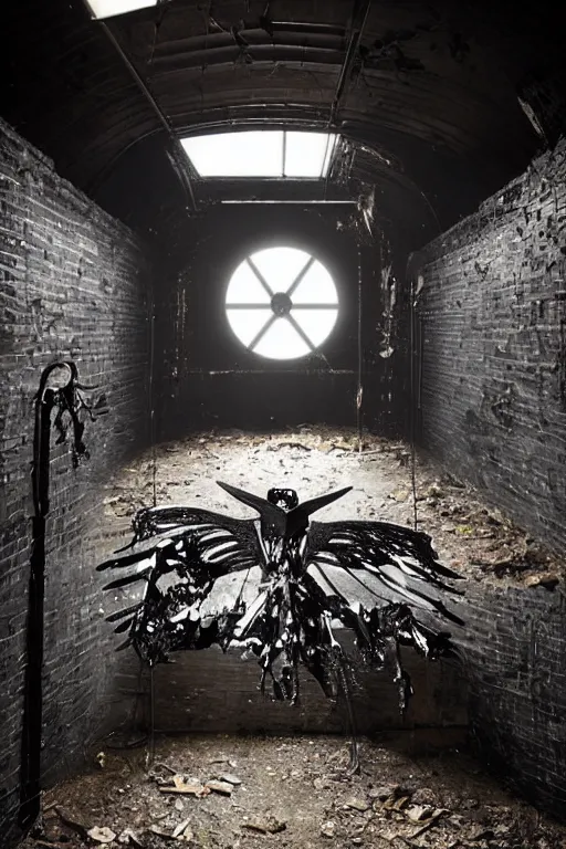 Image similar to heavenly interior made of salvaged industrial materials like rubber, iron, and plastic in abandoned basement, ASYMMETRICAL irregular blackmetal jagged WINGED sculptures made of glossy black liquid latex and industrial hardware, CARDBOARD TUNNELS painted glossy black, splintering cinematic lens flares, designed by nancy grossman and anish kapoor, directed by andrei tarkovsky and gaspar noe, 8k, shallow depth of field, highly textured and hyperdetailed, muted cool tones, 8mm fisheye lens, dutch angle