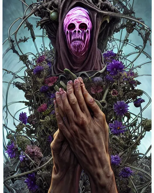 Prompt: the platonic ideal of flowers, rotting, insects and praying of cletus kasady ultimate carnage thanos dementor doctor manhattan chtulu nazgul bioshock davinci, d & d, fantasy, ego death, detailed, intricate, hyperrealism, intense, scary, decay, dmt, art by artgerm and greg rutkowski and alphonse mucha