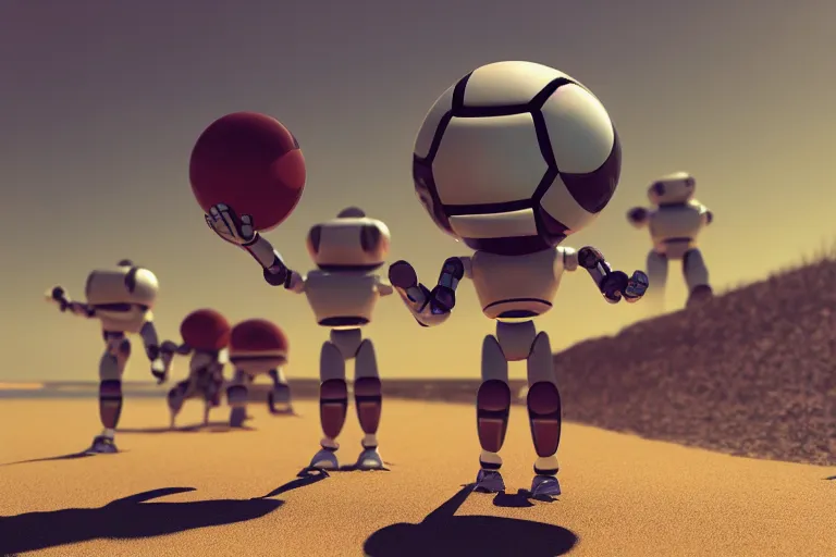 Prompt: Robots holding ball at the beach, sunny day, photorealistic, cinematic framing, 3d render, octane render