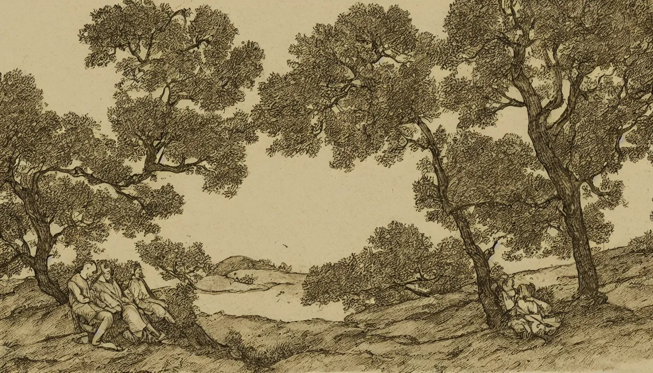 Image similar to a couple sits on a hill overlooking a river, yellowed paper, wind blown trees, pen and ink, 1 5 0 0 s, 8 k resolution