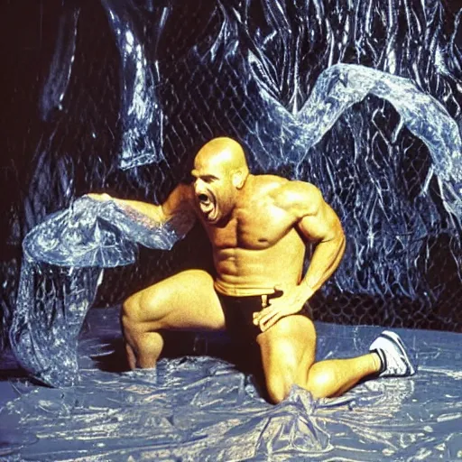 Prompt: 1 9 9 0's wwe publicity photo, a giant muscular covered in wet reflective slime man falling out of a giant cocoon onto a cement floor, screaming in agony, ultra - detailed, photorealistic