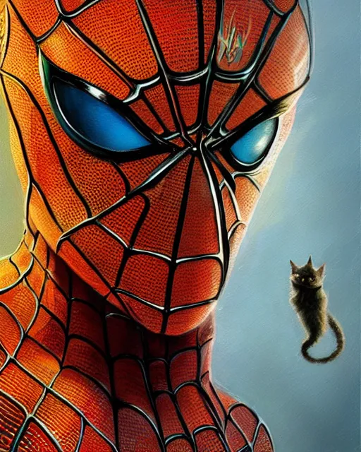 Image similar to spiderman if he were a cat | highly detailed | from the pixar film sneaky cats | very intricate | cinematic lighting | award - winning | closeup portrait | by donato giancola and mandy jurgens and charlie bowater | featured on artstation