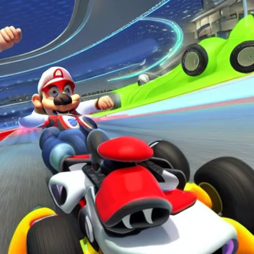 Prompt: obama racing in mario kart 8