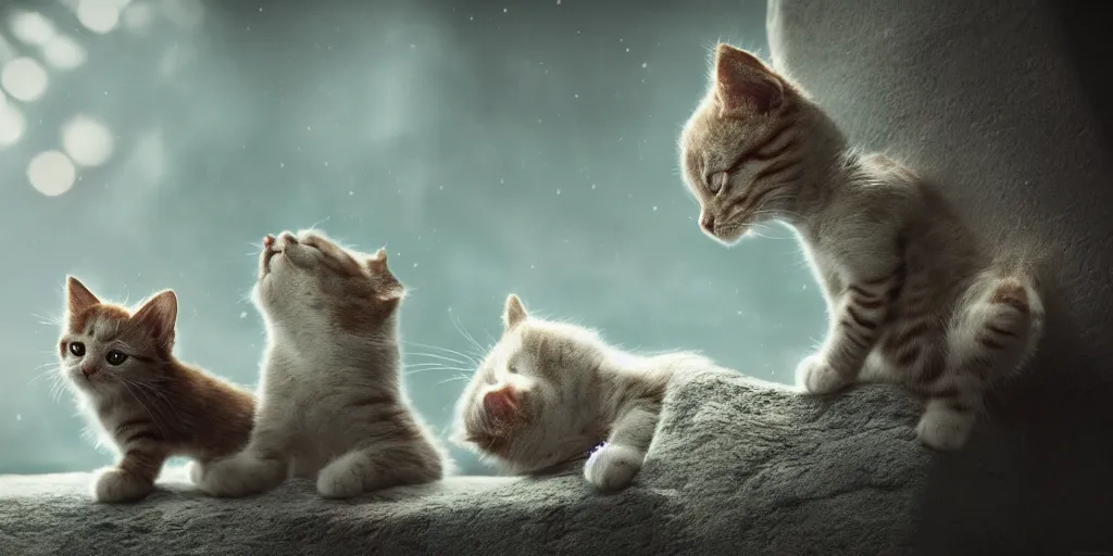 Image similar to tiny kitty and a tiny puppy, realistic 4 k octane beautifully detailed render, 4 k post - processing, highly detailed, intricate complexity, epic composition, magical atmosphere, cinematic lighting, masterpiece, ultra hd