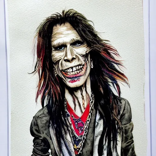 Prompt: ghoulish watercolor portrait of aerosmith's steven tyler