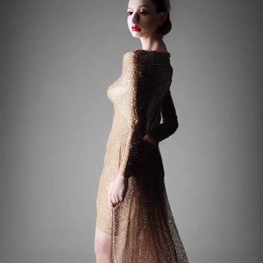 Prompt: delicate, semi transparant, high couture dress in a super model, warm light, studio setting