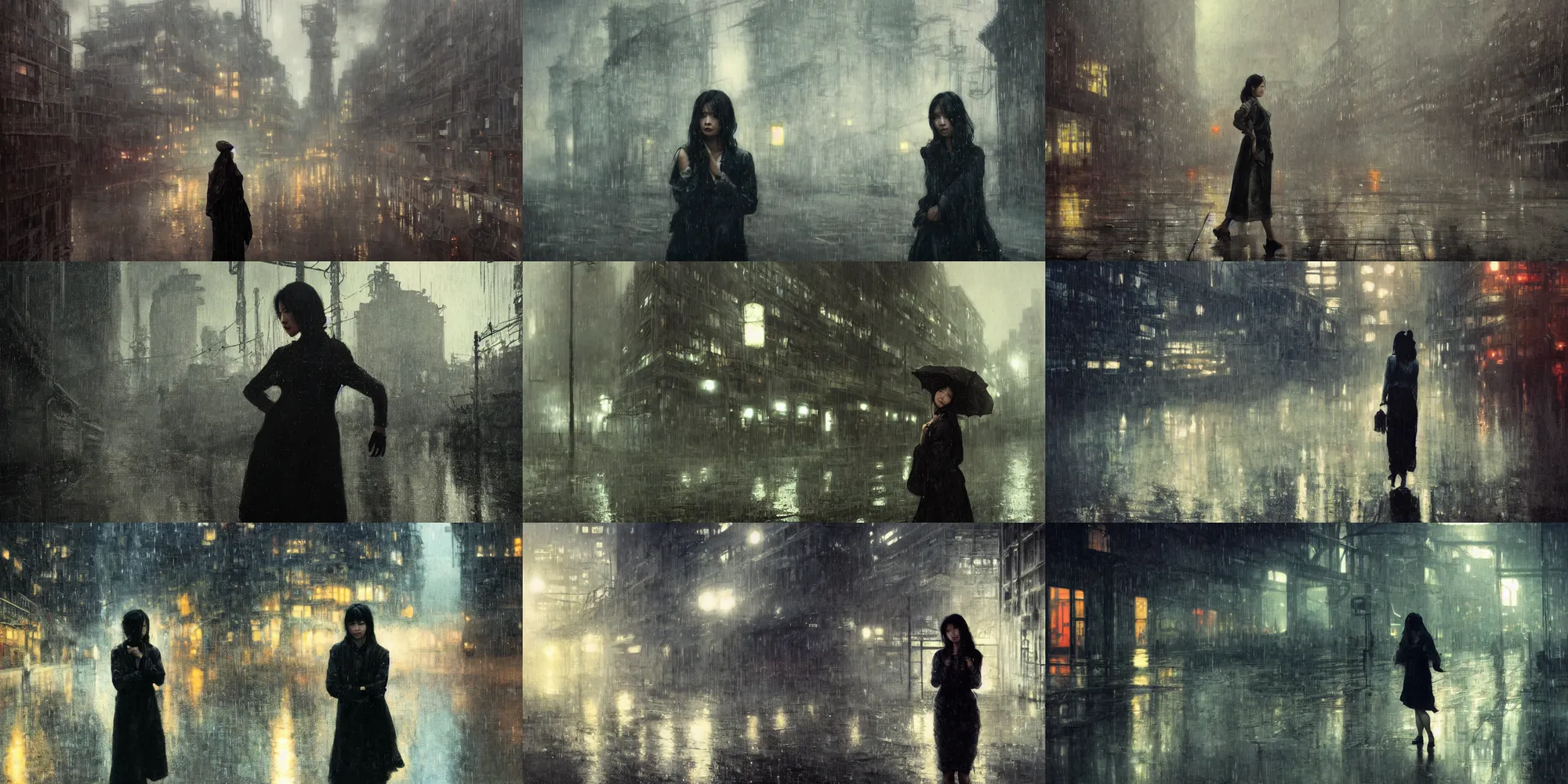 Prompt: an asian woman in abandoned industrial city with towering factories at night in the rain, beautiful face, dark moody lighting, innocent look, by jeremy mann and alphonse mucha, dramatic lighting, ethereal, stunning, breathtaking, awe - inspiring award - winning, 8 k