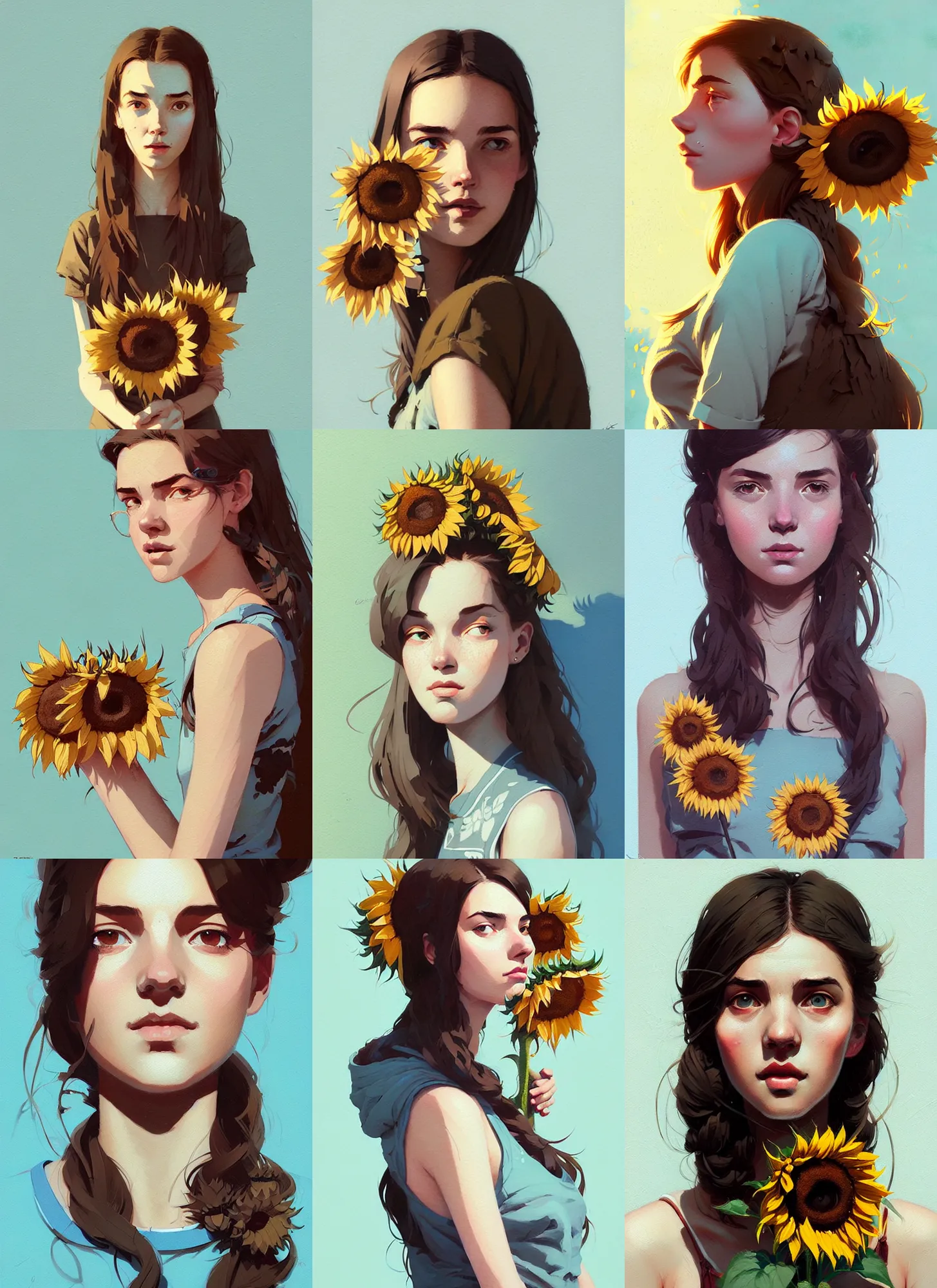 Prompt: highly detailed portrait young woman with sunflowers, by atey ghailan, by greg rutkowski, by greg tocchini, by james gilleard, by joe fenton, by kaethe butcher, gradient light blue, brown, blonde cream and white color scheme, grunge aesthetic