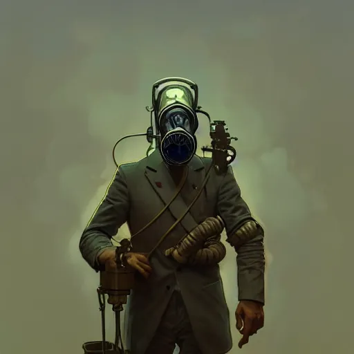 Prompt: portrait of a vicotrian man in suit wearing a gas mask by darek zabrocki, alphonse mucha, simon stalenhag and cinematic and atmospheric, concept art, artstation, trending on artstation