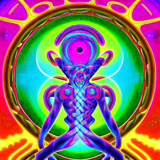 Image similar to a detailed digital art of a celtic knot oni abe vigoda extraterrestrial wearing a raver outfit by lisa frank and cicely mary barker, taiyo matsumoto, myst, beeple, cgsociety, crisp, low angle shot