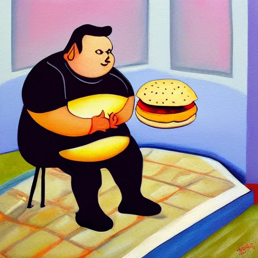 Prompt: a painting of a fat man playing a piano in the shape of a cheeseburger