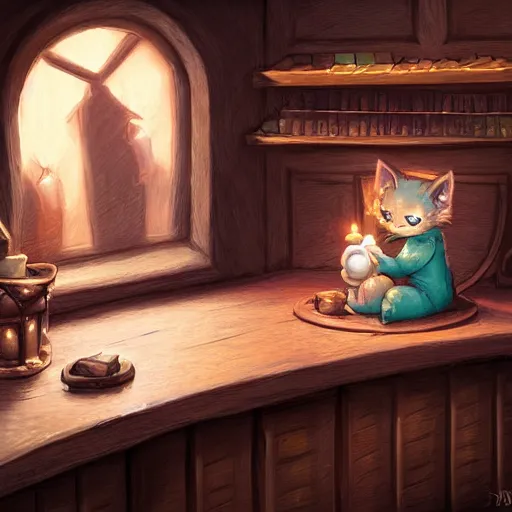 Image similar to beautiful fantasy illustration of an adorable kitten sleeping on the counter of a potion shop. candles, books. by andreas rocha and marc simonetti, trending on artstation 8k hq