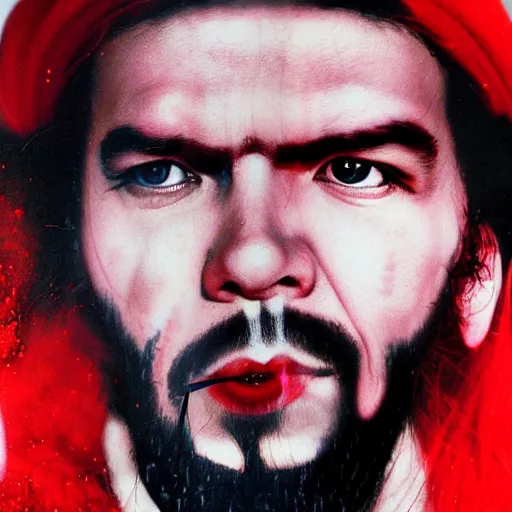 Prompt: colour masterpiece surreal closeup portrait photography of che guevara by miho hirano and annie leibovitz and michael cheval, red and white smoke background, 8 k