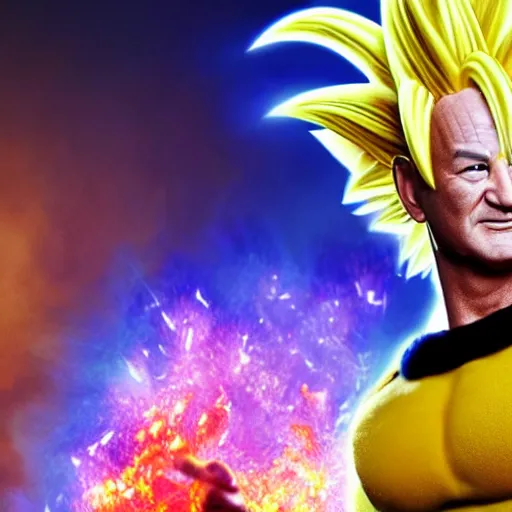 Image similar to live action hyper realistic highly detailed super saiyan Bill Murray powering up full body composition golden ratio anti-aliased bloom fx 8K octane render photo realistic directed by Michael Bay