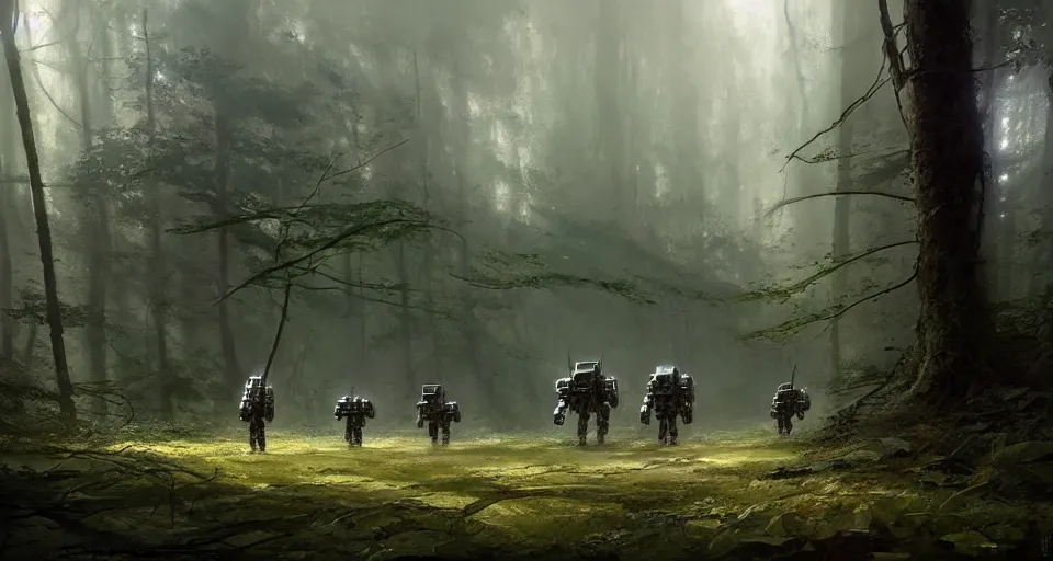 Prompt: hyper realistic sci - fi matte concept art painting of battlemech walking through a forest, beautiful details, strong composition painted by kim jung guweta studio rutkowski, james gurney and greg rutkowski, and lucasfilm, smooth, intricate, detailed, sharp focus, cinematic