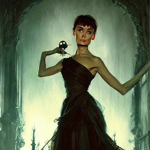 Prompt: audrey hepburn in a horror novel, inside haunted mansion, various backgrounds, highly detailed, digital painting, artstation, matte, illustration, art by gaston bussiere, greg rutkowski, j. c. leyendecker