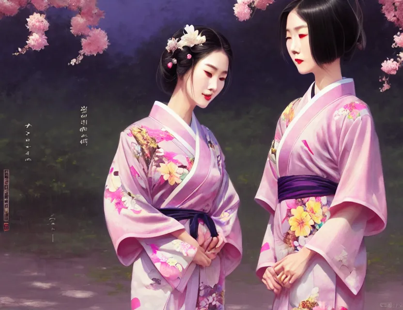 Image similar to two beautiful fashion taiwan girl wear elegant yukata in festival | | big eyes, summer night, realistic shaded, smile, good looking, fine details, 4 k realistic, cryengine, realistic shaded lighting poster by greg rutkowski, magali villeneuve, artgerm, jeremy lipkin and michael garmash and rob rey