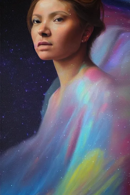 Image similar to hyperrealism oil painting, close - up portrait of fabric worker woman model, gradient mixed with nebula sky, in style of baroque