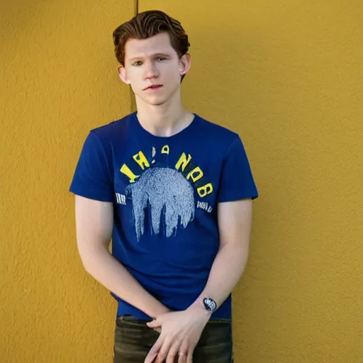 Image similar to tom holland wearing a yellow t shirt and blue jeans