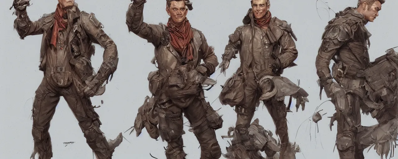 Prompt: character design, reference sheet, gaunt, 70's jetfighter pilot, unshaven, optimistic, stained dirty clothing, concept art, photorealistic, hyperdetailed, 3d rendering! , art by Leyendecker! and thomas moran,