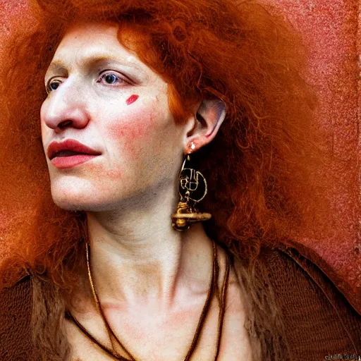 Image similar to Extremely detailed photo realistic matte portrait painting of winking 15th Century Barbary Coast pirate Woman with Ginger hair and Golden hooped earrings photography by Steve McCurry