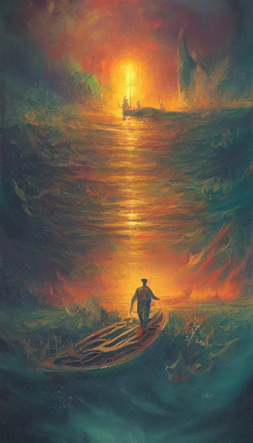 Prompt: man on boat crossing a body of water in hell with creatures in the water, sea of souls, by paul lehr,