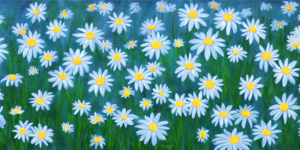 Prompt: light blue daisies on bottom half of painting, matte painting, white background