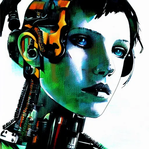 Prompt: Portrait of cyborg Millie Bobby Brown by Yoji Shinkawa