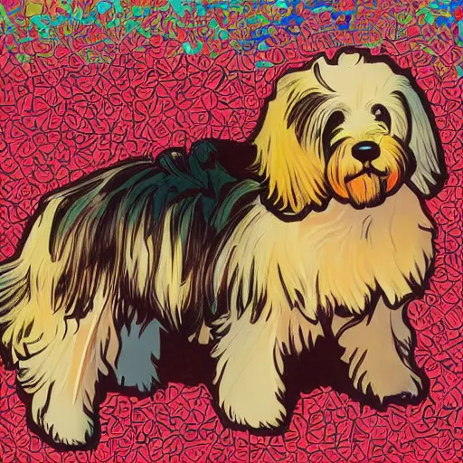 Prompt: havanese dog, sunset illustration, pop art, splash painting, art by geof darrow, ashley wood, alphonse mucha