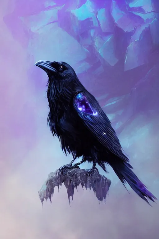 Image similar to portrait of a beautiful one raven perched on purple crystals that are glowing in a misty valley, establishing shot, extremly high detail, foto realistic, cinematic lighting, by yoshitaka amano, ruan jia, kentaro miura, artgerm, post processed, concept art, artstation, raphael lacoste, alex ross