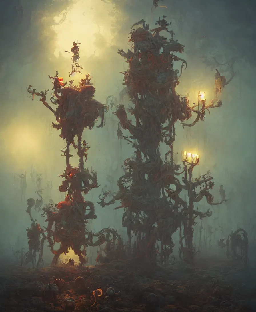 Prompt: skull clown afterlife, illustrated by Simon Stålenhag and Gaston Bussiere, 35mm lens, wide angle, beautiful volumetric lighting style atmosphere, intricate, ultra detailed, photorealistic, trending on artstation 8k