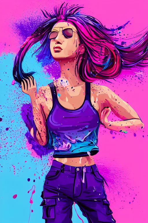 Image similar to a award winning half body porttrait of a beautiful woman in a croptop and cargo pants with ombre purple pink teal hairstyle with head in motion and hair flying, paint splashes, splatter, outrun, vaporware, shaded flat illustration, digital art, trending on artstation, highly detailed, fine detail, intricate