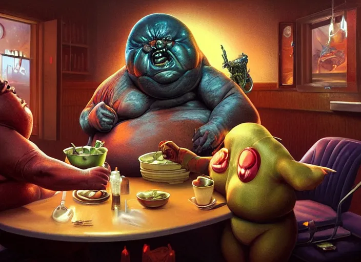 Prompt: an incredibly fat martian from arkansas, seated at a diner, angry, cosmic horror painting, elegant intricate digital painting artstation concept art by mark brooks and brad kunkle detailed
