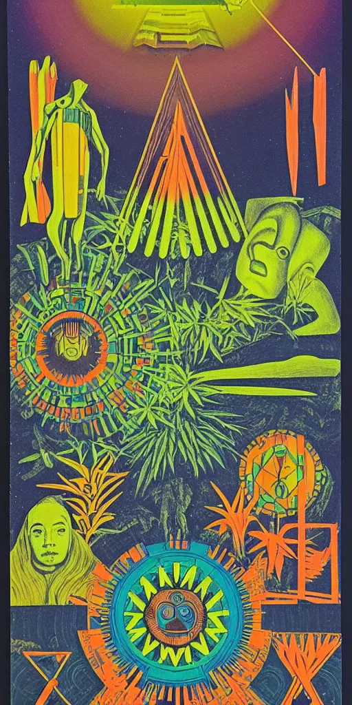 Image similar to 1968 science fiction tarot card, cut out collage, neon Aztec, spring on Saturn, epic theater, deep forest, mountain plants, drawings in part by Diego Rivera, part by Ernst Haekl, text by William S Boroughs, written by Michael Ende