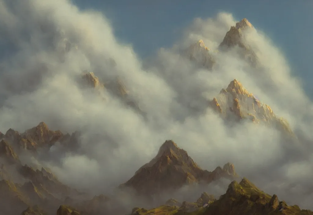 Image similar to fantasy painting of a mountain reaching above the clouds, highly detailed,